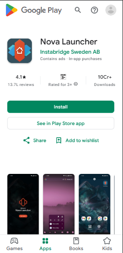 Nova Launcher Play Store home page