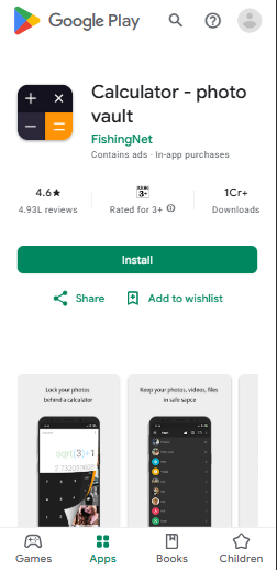 Calculator Vault play store home page