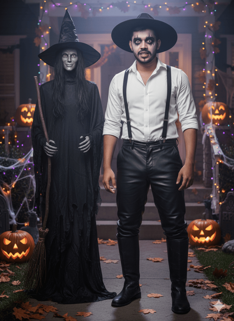 Individual stands beside a witch-costumed figure holding a broomstick in a room decorated with Halloween props.