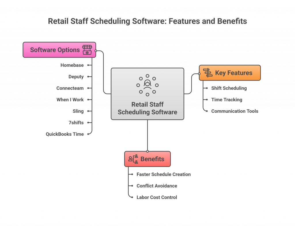 A mind map diagram titled Retail Staff Scheduling Software: Features and Benefits shows three main branches. The left branch labeled Software Options lists Homebase, Deputy, Connecteam, When I Work, Sling, 7shifts, and QuickBooks Time. The right branch labeled Key Features includes shift scheduling, time tracking, and communication tools. The bottom branch labeled Benefits highlights faster schedule creation, conflict avoidance, and labor cost control. The branches are color-coded: pink for software options, orange for key features, and red for benefits.
