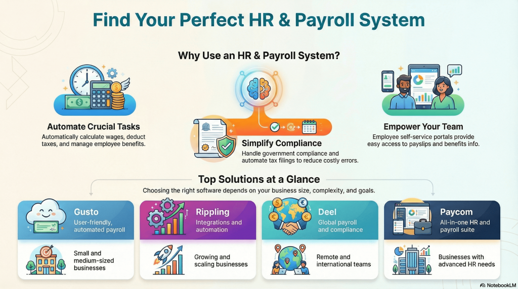 Infographic showing benefits of HR and payroll software, including automated payroll, compliance management, employee self-service, and top solutions like Gusto, Rippling, Deel, and Paycom.