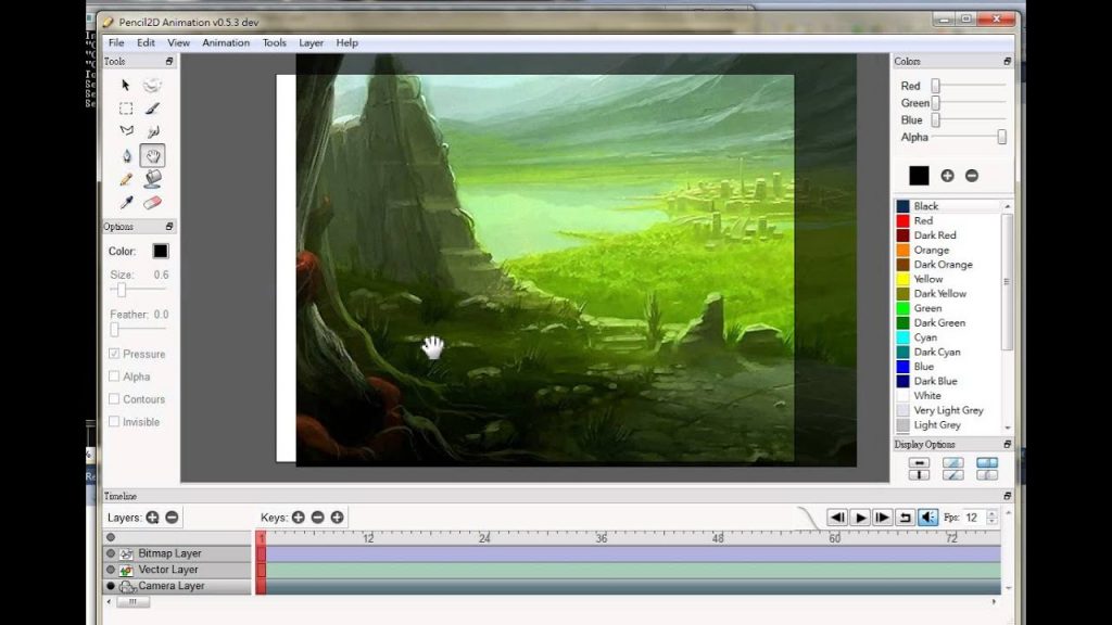 Pencil2D open-source 2D animation software interface with drawing tools, layers panel, and timeline.
