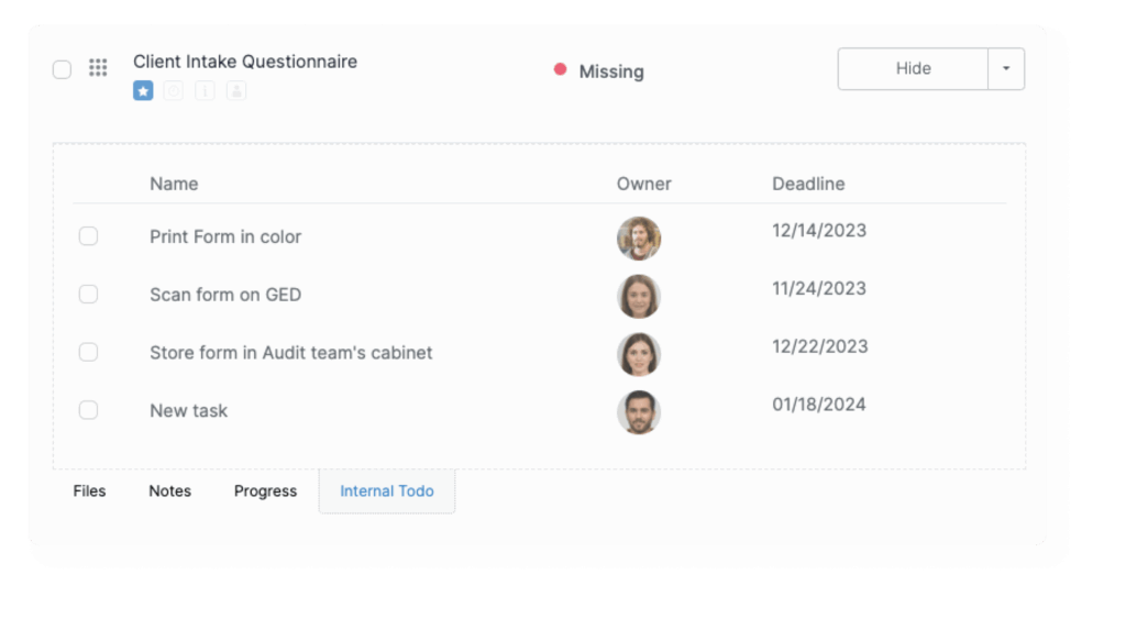 Clustdoc client intake questionnaire dashboard with task list, owners, and onboarding deadlines.