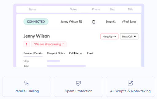 Nooks sales dialing software showing live call interface with AI scripts, spam protection, and parallel dialing