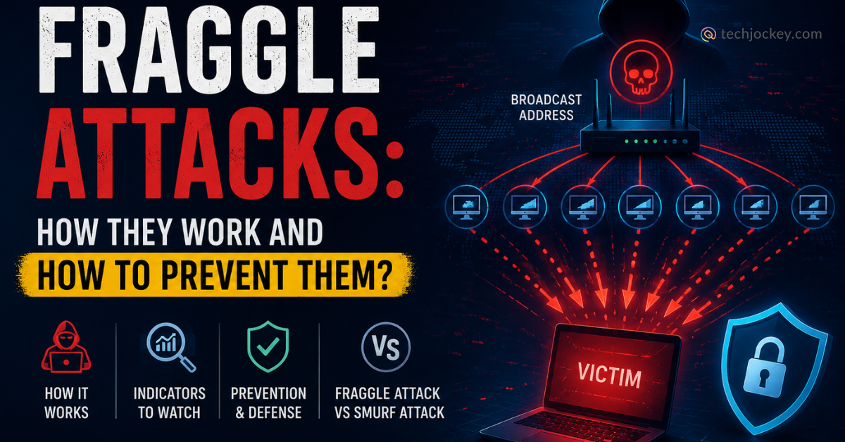 Illustration of a Fraggle attack showing a hacker launching amplified UDP traffic through broadcast addresses to overwhelm a victim network system.